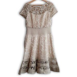 TADASHI SHOJI Embroidered Lace Cap Sleeve Blouson Knee Length Cream Dress Sz 6